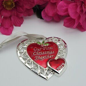 Harvey Lewis Our First Christmas Together 2019 Heart Ornament 3" Silver Tone Red